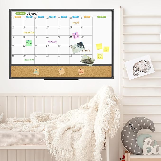 JILoffice Magnetic Calendar Whiteboard & Bulletin Corkboard Combination, Combo Board 36 x 24 Inch, Black Aluminum Frame Wall Mounted Board for Office Home and School with 10 Push Pins-DeskLoop Office