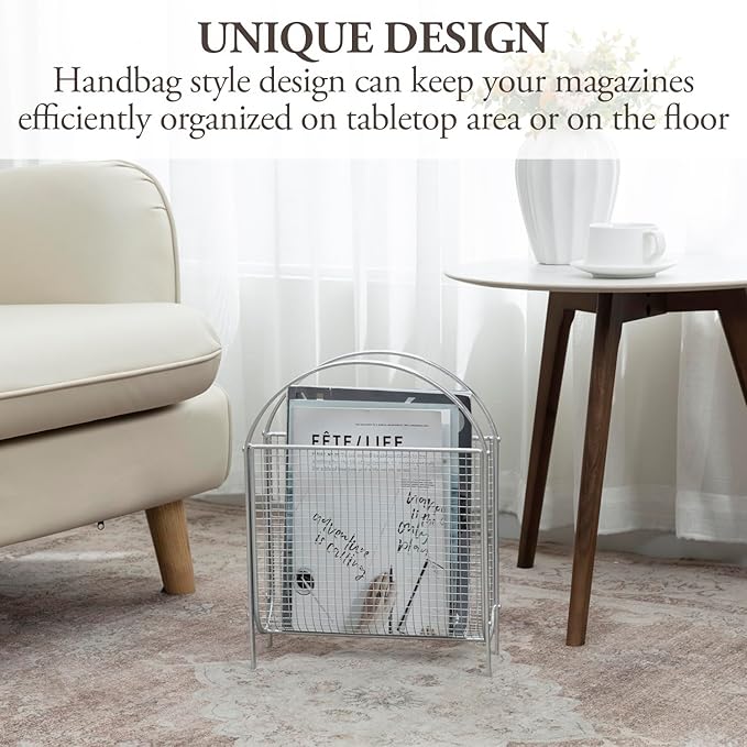 MyGift Mid-Century Design Magazine Rack, Matte Black Tone Metal Mesh Freestanding Magazine Organizer Holder Sling (Silver)-DeskLoop Office