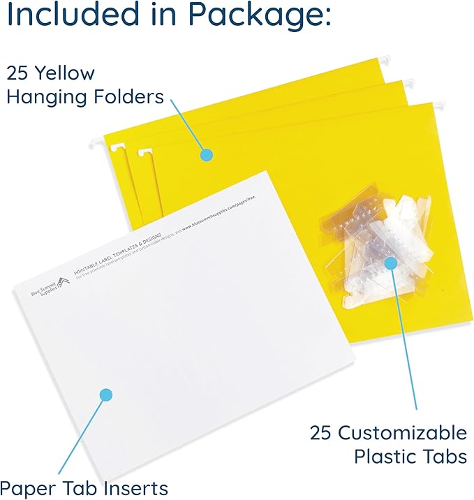 Blue Summit Supplies Hanging File Folders, 25 Reinforced Hang Folders, Designed for Home and Office Color Coded File Organization, Letter Size, Yellow, 25 Pack-DeskLoop Office