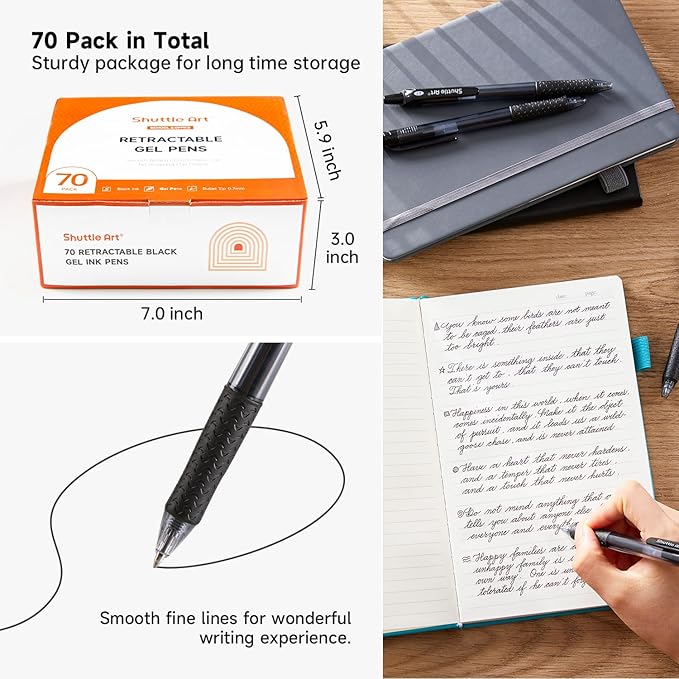 Shuttle Art Black Gel Pens, 70 Pack Retractable Medium Point Rollerball Gel Ink Pens Smooth Writing with Comfortable Grip for Office School Home Work-DeskLoop Office