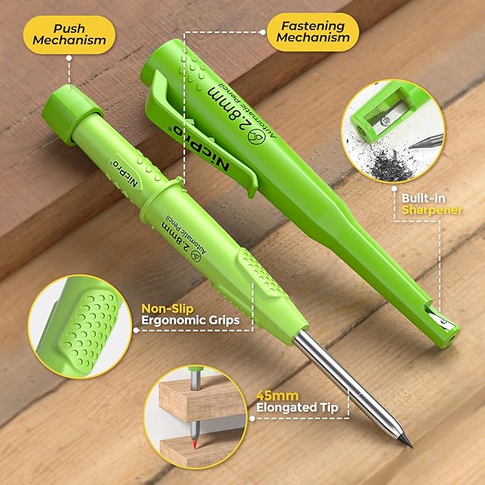 Nicpro CP3000 Carpenter Pencil with Sharpener, 2.8 mm Mechanical Pencils with 19 Refills, Deep Hole Marker for Construction, Heavy Duty Woodworking Pencil, Carpenter Tools for Architect Marking(Green)-DeskLoop Office