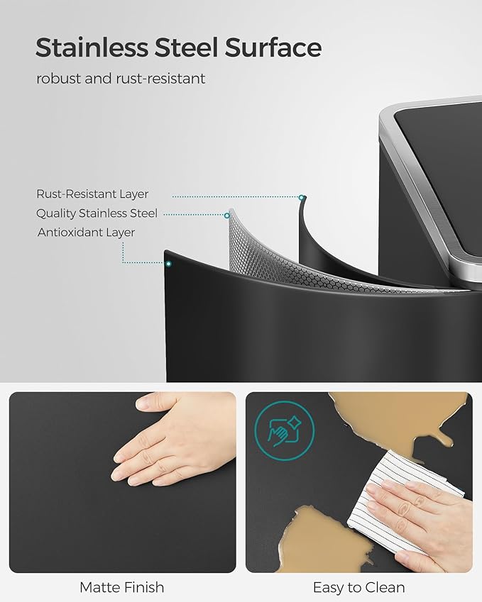 SONGMICS Trash Can, 2 x 8 Gallon (2 x 30 L) Garbage Can for Kitchen, with 15 Trash Bags, 2 Compartments, Plastic Inner Buckets and Hinged Lids, Airtight, Black ULTB60BK-DeskLoop Office