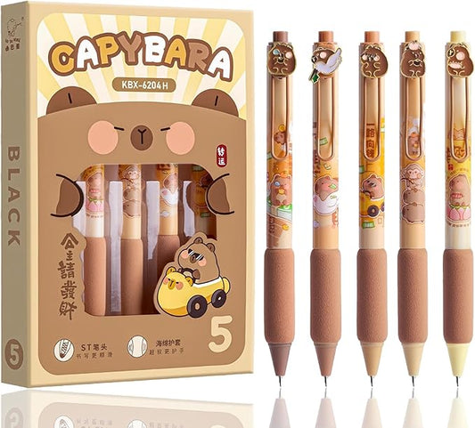 Cute Capybara Gel Pens 5Pcs Retractable Quick Dry Ink Pens 0.5mm Fine Point Black Ink Kawaii Smooth Writing Pens for School Office Supplies Aesthetic Pretty Fun Pens (Capybara)-DeskLoop Office
