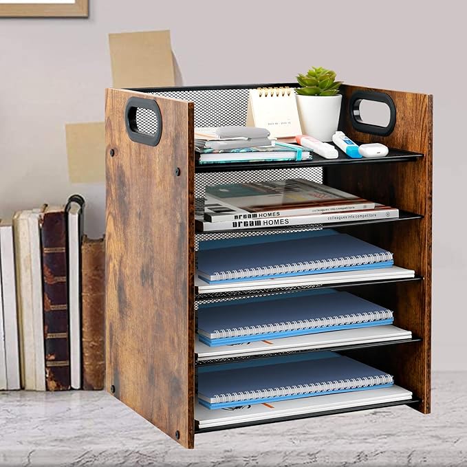 Wood Desk Organizer - 5-Tier Desktop File Organizer, Wooden Paper Tray, Office Desk Organzier and Accessories for Papers, Mail, Notebooks, Stationery-DeskLoop Office