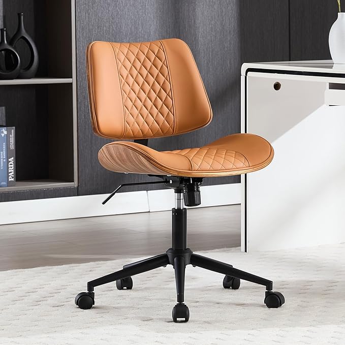Home Office Chair No Arms with Wheels, Adjustable Height PU Leather Mid Back, 360 Swivel Computer Small Desk Chair, Armless Modern Walnut Style for Office, Reading Meeting Room(Brown)-DeskLoop Office
