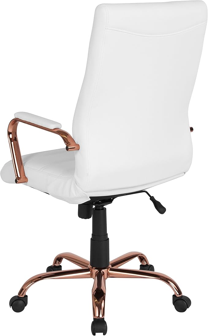 Flash Furniture Whitney High-Back Swivel LeatherSoft Desk Chair with Padded Seat and Armrests, Adjustable Height Padded LeatherSoft Office Chair, White/Rose Gold-DeskLoop Office
