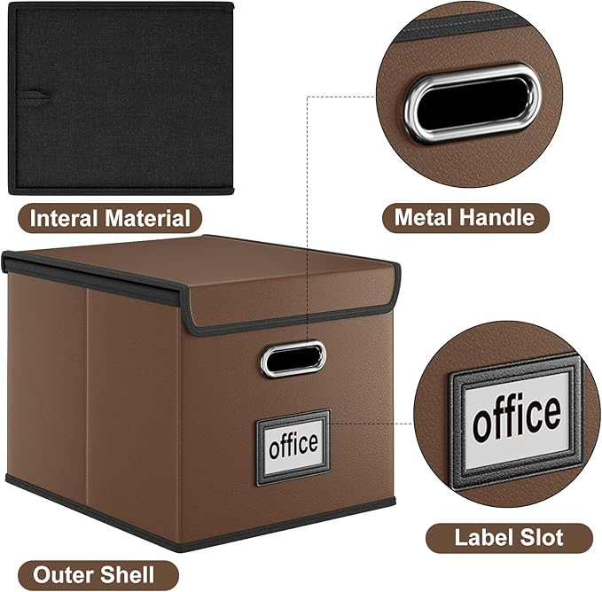 Huolewa Faux Leather File Organizer Box with Lid, Collapsible Hanging File Folder Box Organizer with Plastic Slides, Decorative Home/Office Filing Boxes for File and Folder Storage - Dark Brown-DeskLoop Office