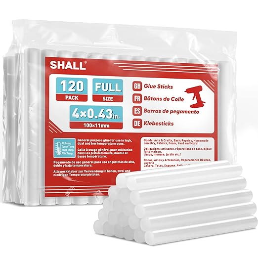 SHALL Full Size Hot Glue Sticks, 0.43” Dia x 4” Long, 120-pack Clear Hot Melt Glue Gun Sticks for All-Temp Glue Guns, Multipurpose for Kids Adults DIY Art Craft Sealing Repairing Festival Decoration-DeskLoop Office