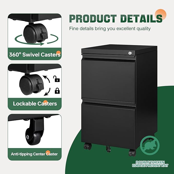 Letaya Mobile File Cabinet with Lock,2 Drawer Under Desk Metal Rolling Filing Cabinets for Home Office Organizer Letters/Legal/A4(Fully Assembled-Black)-DeskLoop Office