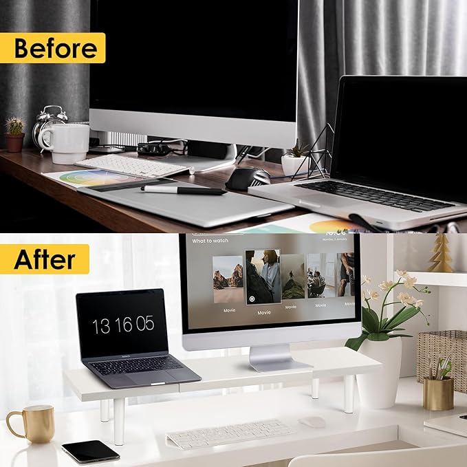 Dual-Monitor-Stand-Riser-For-Desk Adjustable Length 32-40 Inch,Large Desktop Computer Monitor Riser For 2 Screens,Desk Shelf Organizer Riser Stand For Computer/Laptop/PC/Printer/TV White-DeskLoop Office