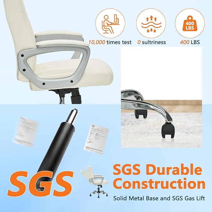 CLATINA Office Computer Desk Chair Executive Mid Back Chair Comfortable Ergonomic Managerial Chair Adjustable PU Leather Home Office Desk Chair Swivel, White 1PK-DeskLoop Office