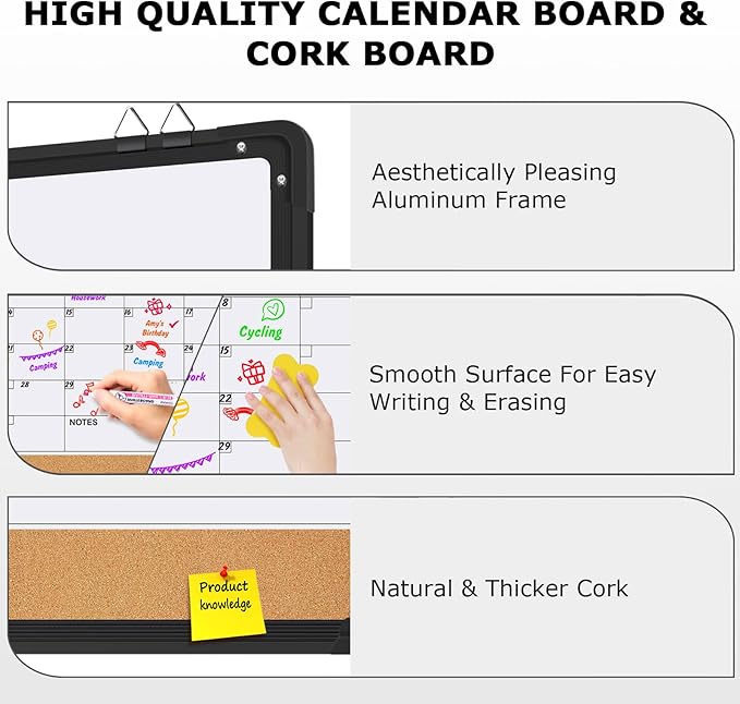 EAONE 16x12 in Double Side Whiteboard Calendar & Cork Board Combo for Wall, 3 in 1 Magnetic Dry Erase Whiteboard Monthly Calendar and Bulletin Board with Aluminum Frame for Home Office Kitchen-DeskLoop Office