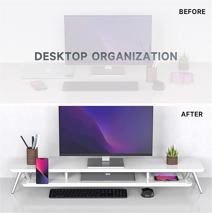 Fenge Dual Monitor Stand, Monitor Stands Riser for 2 monitors, 42.5 Inch Wood Desk Shelf with Storage Organizer and Cable Management for Office Desk Accessories-DeskLoop Office