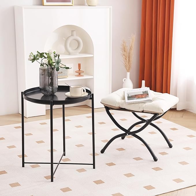 LITA Folding Upholstered Footrest Stool, Modern Small Portable Accent Ottoman with Detachable Thick Cotton Cushion Padded Sofa Stool with Metal Frame for Lazy Chair, Living Room & Bedroom, Beige-DeskLoop Office