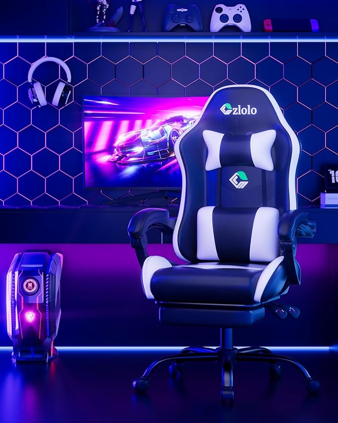 Gaming Chair, Ergonomic Office Computer Chair with Footrest and Lumbar Support Massager Racing Style High Back Video Gamer Chair, Wide&Thick Cushion, 90°-135° Recline, Adjustable Height, White-DeskLoop Office