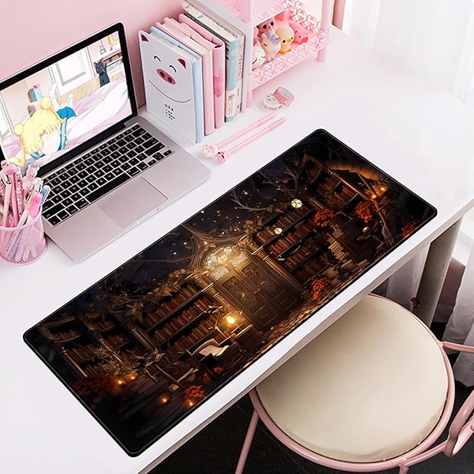Vintage Desk Pad Magical Bookshelf Desk Mat Extra Large Big Office Mouse Pad Gaming with Stitched Edges Large Mousepad Home Office Gaming Work Computers Laptop Desk Accessories 31.5x11.8in-DeskLoop Office