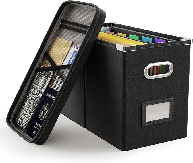 Oterri File Organizer Box with Lid, Hanging Filing File Box with Mesh Pocket, Document Organizer Box for Letter Files, Portable Storage Box with Smooth Sliding Rail for Office&Home (1 PCS, Black)-DeskLoop Office