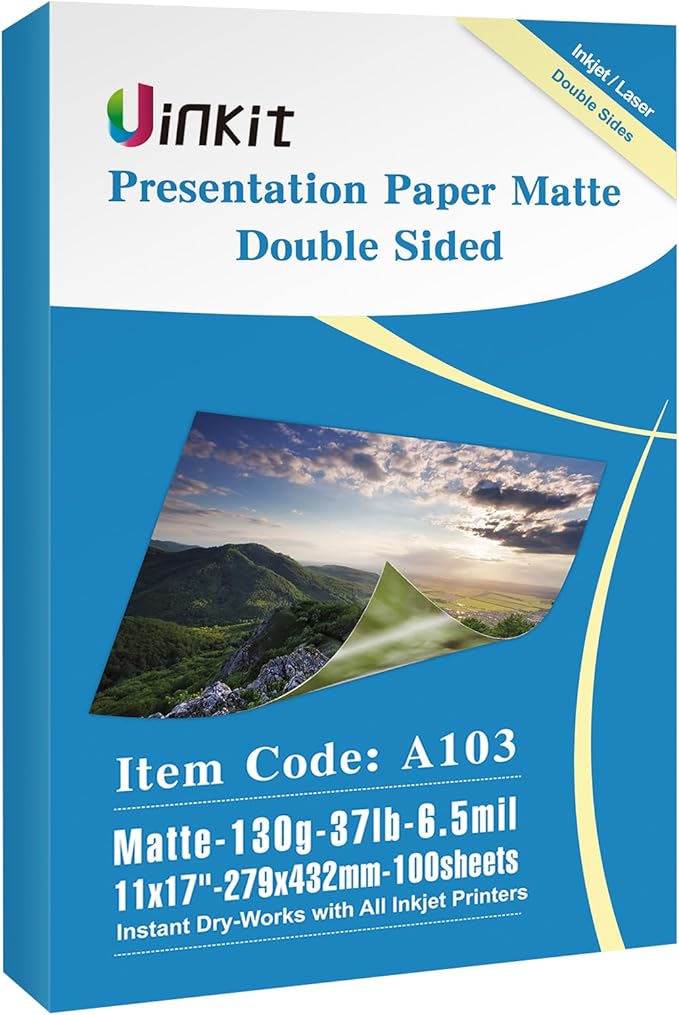 Uinkit 100 Sheets 11x17 A3 Thin Matte Presentation Paper Photo Double Sided 38lb 140gsm Printable on Both Sides Brochure Photos Picture Poster Playbill Flyer Coated for laser and Inkjet Printer-DeskLoop Office