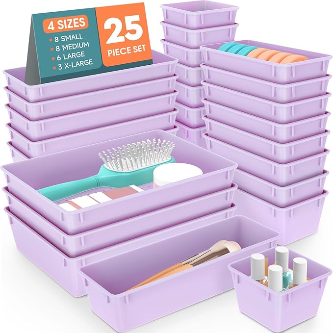 WOWBOX 25 PCS Plastic Drawer Organizer Set, 4 Sizes Desk Drawer Divider Organizers and Storage Bins for Makeup, Jewelry, Gadgets for Kitchen, Bedroom, Bathroom, Office, Purple-DeskLoop Office