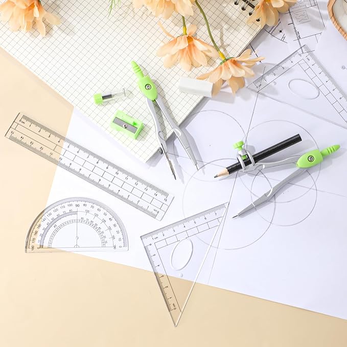 Zonon Math Geometry Set 10 Pcs Student Supplies with Shatterproof Storage Box, Includes Rulers Protractor Compass Pencil Sharpener Lead Refills Eraser Pencil for Drafting and Drawings(Green)-DeskLoop Office
