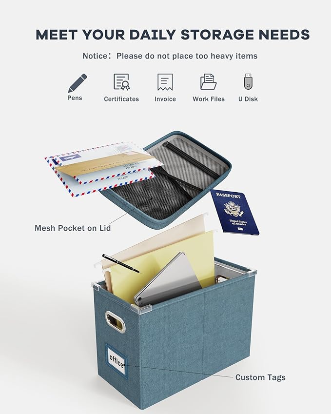 Oterri File Organizer with Lid, Hanging Filing Box with Mesh Pocket, Document Organizer for Letter Files, Portable Storage Box with Smooth Sliding Rail for Office&Home (2 PCS, Dark-blue)-DeskLoop Office