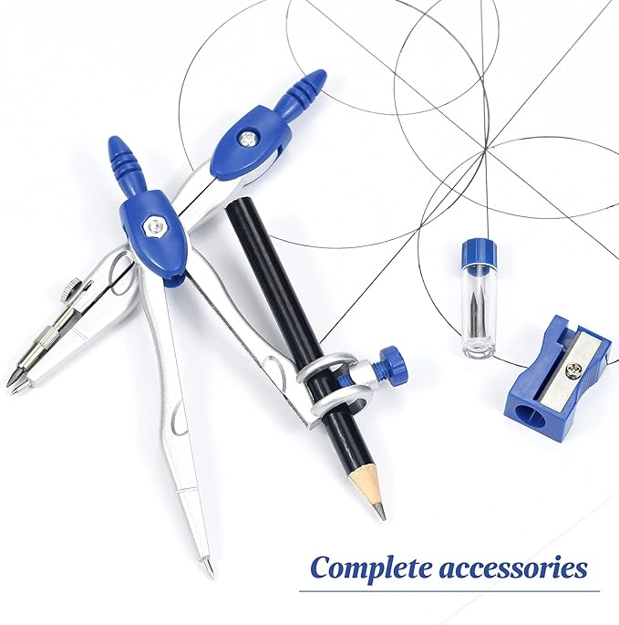 Math Geometry Kit Sets 10 Piece Student Supplies with Shatterproof Storage Box,Includes Rulers,Protractor,Compass,Eraser,Pencil Sharpener,Lead Refills,Pencil,for Drafting and Drawings(Navy blue)