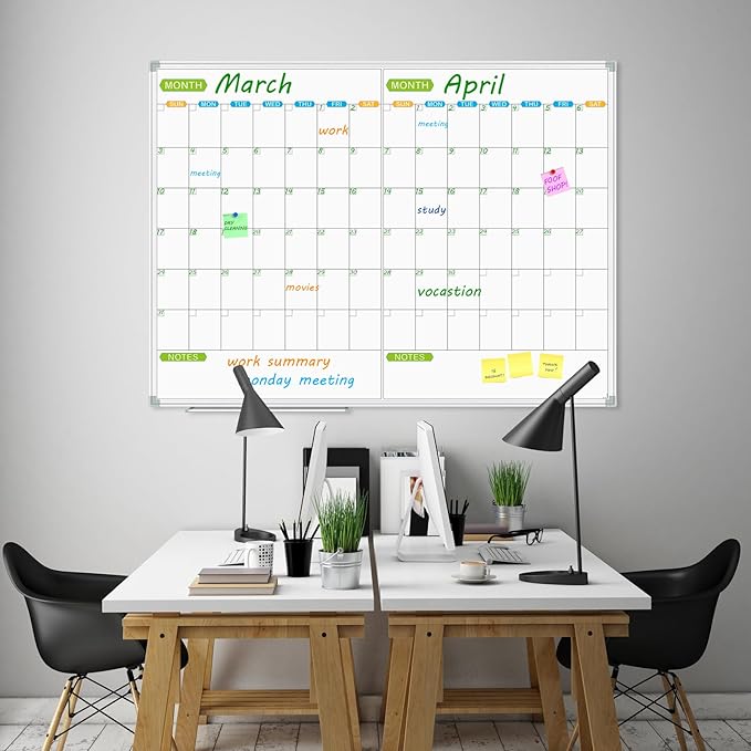 JILoffice Magnetic Dry Erase Calendar Whiteboard, 2 Month White Board Planner 48 X 36 Inch, Silver Aluminum Frame Wall Mounted Board for Office Home and School-DeskLoop Office