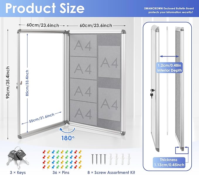 SWANCROWN Enclosed Bulletin Board 36x24 in, Tamperproof Lockable Grey Felt Board Wall Display Case for Office School Home, Aluminum Frame-DeskLoop Office