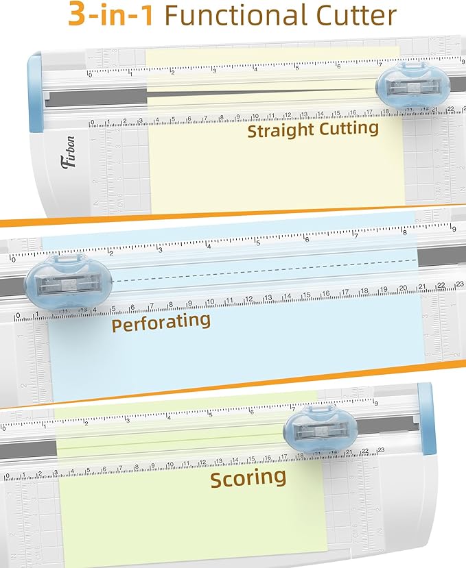 Firbon 3-in-1 Paper Cutter, 9" Compact A5 Paper Trimmer with Straight Cut, Scoring & Perforating Blades for Cardstock, Scrapbooking, Crafting, Labels & Home Office (Blue)-DeskLoop Office