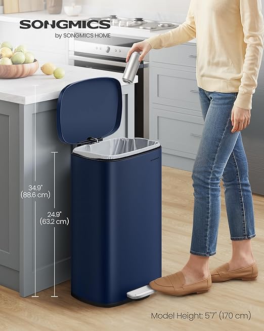 SONGMICS 13 Gallon (50 L) Trash Can, Stainless Steel Kitchen Garbage Can, Recycling or Waste Bin, Soft Close, Step-On Pedal, Removable Inner Bucket, Midnight Blue ULTB050L01-DeskLoop Office
