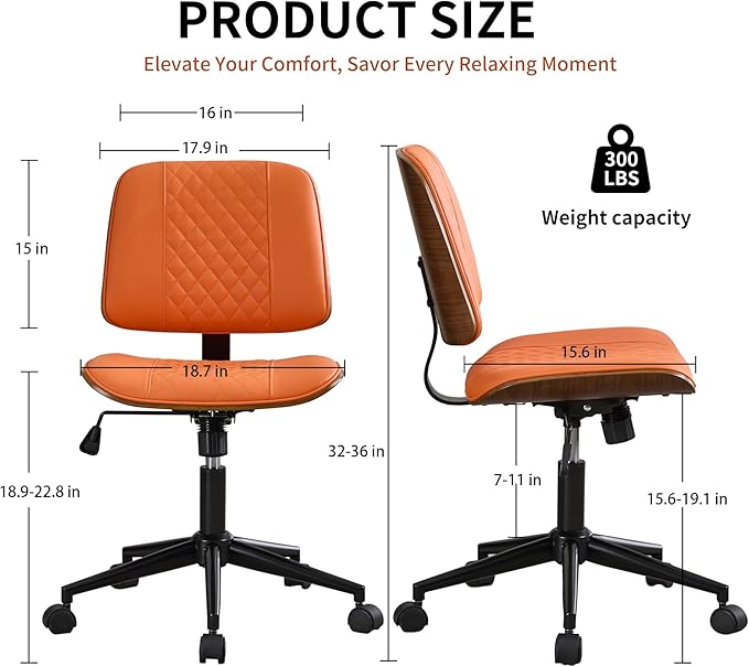 Small Home Office Chair - Armless Mid Back Desk Chair with 360° Swivel and Wheels, PU Upholstered Height Adjustable Modern Walnut Computer Chair for Home, Office Meeting Room - Orange-DeskLoop Office