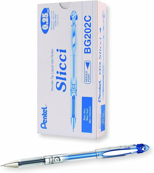 Pentel Arts Slicci 0.25 mm Extra Fine Gel Pen, Blue Ink, Box of 12 (BG202-C)-DeskLoop Office