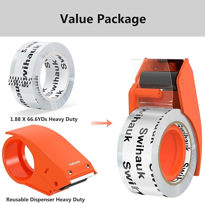 1.88 in x 66.6 YDs Clear Heavy Duty Packing Tape with Dispenser, Strong & Durable Shipping Tape, Packaging Tape, Packing Tape Dispenser for Packing Boxes, Moving Supplies, Shipping and Mailing-DeskLoop Office
