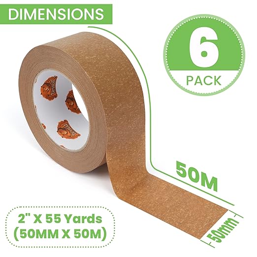 Eco-Friendly Kraft Paper Tape, Biodegradable Heavy Duty Packing Tape 2Inch x 55Yard, Recyclable Packaging Tape Self Adhesive Box Tape for Shipping, Sealing, Moving & Masking, 6Rolls-DeskLoop Office