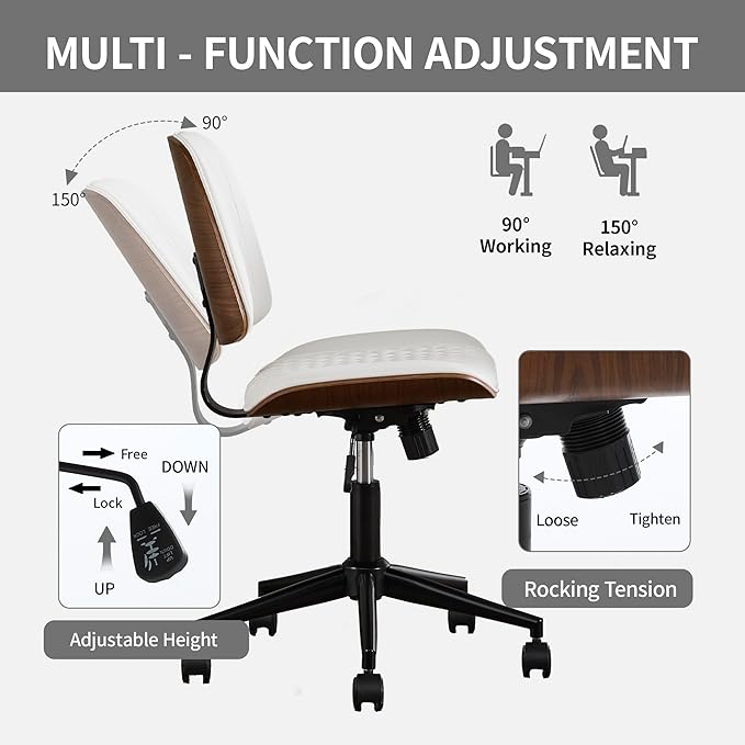 Small Home Office Chair - Armless Mid Back Desk Chair with 360° Swivel and Wheels, PU Upholstered Height Adjustable Modern Walnut Computer Chair for Home, Office Meeting Room - White-DeskLoop Office