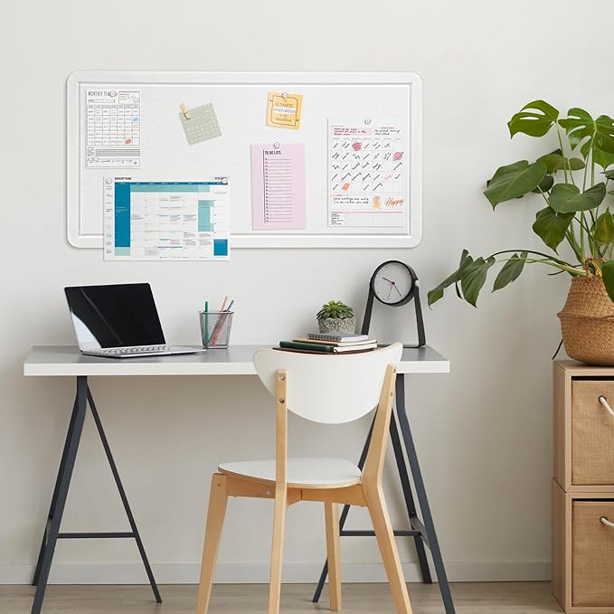 Bulletin Board, 35 x 17 1/2 inches Felt Board - Decorative Pin Board, Cork Board Alternative for Wall, Foldable Picture Board Self-Adhesive Vision Board Prayer Board with 20 Pushpins - White-DeskLoop Office