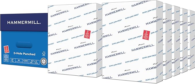 Hammermill Printer Paper, 20 lb Copy Paper, 3 Hole - 10 Ream (5,000 Sheets) - 92 Bright, Made in the USA, 105031C-DeskLoop Office