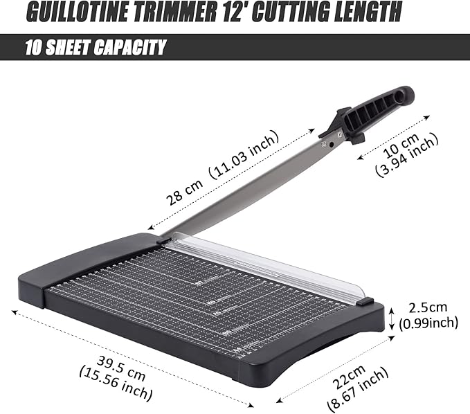 TIANSE Paper Trimmer Paper Cutter Guillotine with Safety Blade Lock 12” 8 to 12 Sheet Capacity Heavy Duty Metal Base A4 Paper Cutting Board for Home Office School-DeskLoop Office