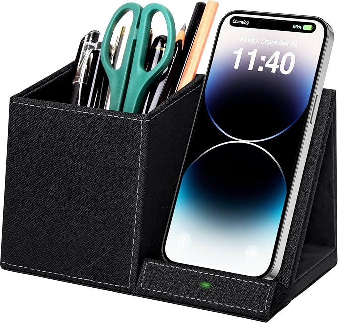 2-in-1 Pen Holder with Wireless Charger, Compatible with iPhone 16/15/14/13/12/11/8 Series, Pencil Holder Phone Stand for Desk Home Office, Men Gift Husband Wife Anniversary Dad Birthday Idea Gadget-DeskLoop Office