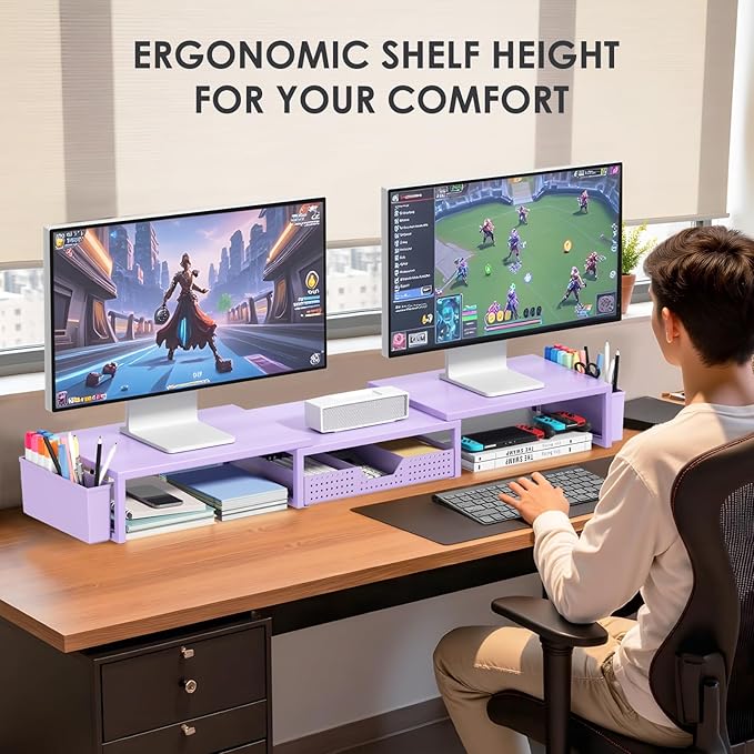 Purple Desk Organizers and Accessories, Dual Computer Monitor Stand Riser with Drawer and 2 Pen Holders, Office Desk Accessories, Workspace Desktop Organization for Office Supplies-DeskLoop Office