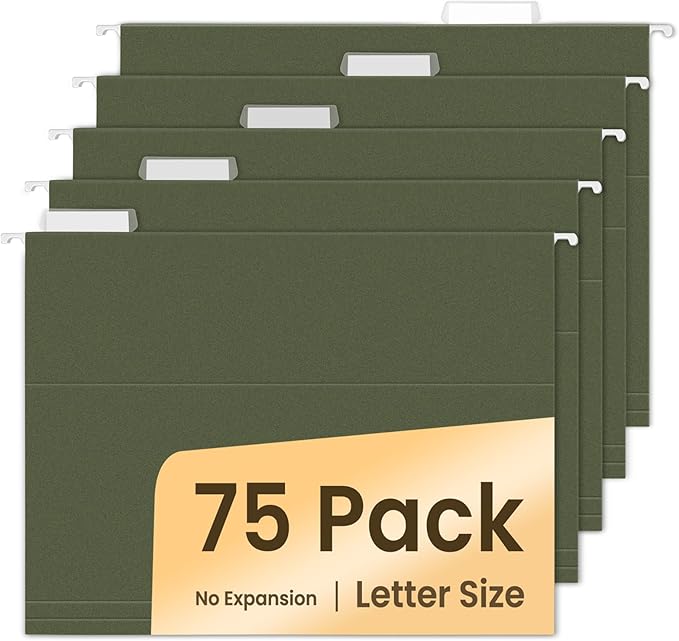 SUNEE Hanging File Folders, 75 Pack Reinforced Hang Folders Letter Size, Adjustable 1/5-Cut Tabs, Designed for Bulky Files, Filing Cabinet, Standard Green-DeskLoop Office