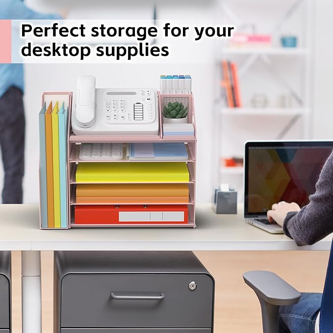 DocNest 5 Tier Paper Letter Tray File Organizer, Mesh Desk File with Handle, Workspace Desk Organizers with Pen Holder, Office Organization Storage Accessories - Purple-DeskLoop Office