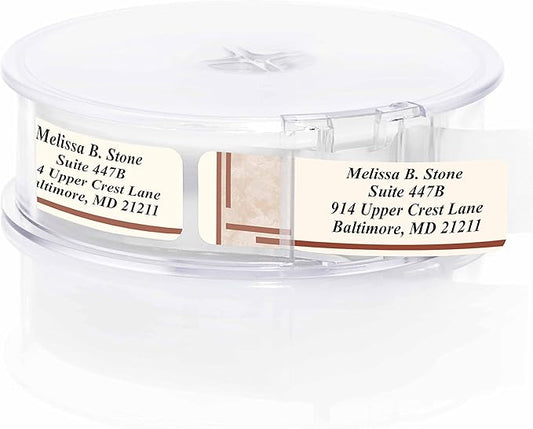 Brown Marble Designer Rolled Address Labels with Elegant Plastic Dispenser-DeskLoop Office