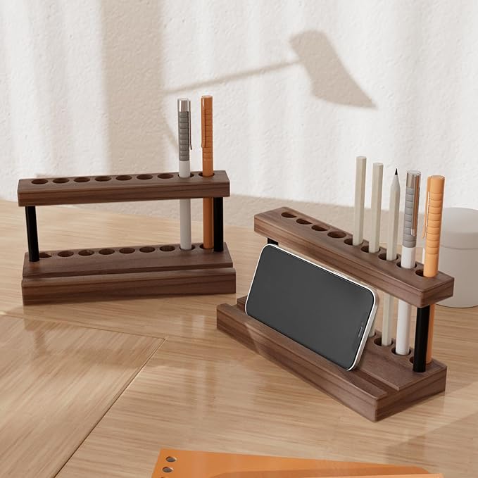 Pencil & Pen Holder for Desk, Solid Walnut Pen Display Stand with 9 Slots and Cell Phone Holder, Aesthetic Pen Organizer for Minimalist Office Desk Decor-DeskLoop Office