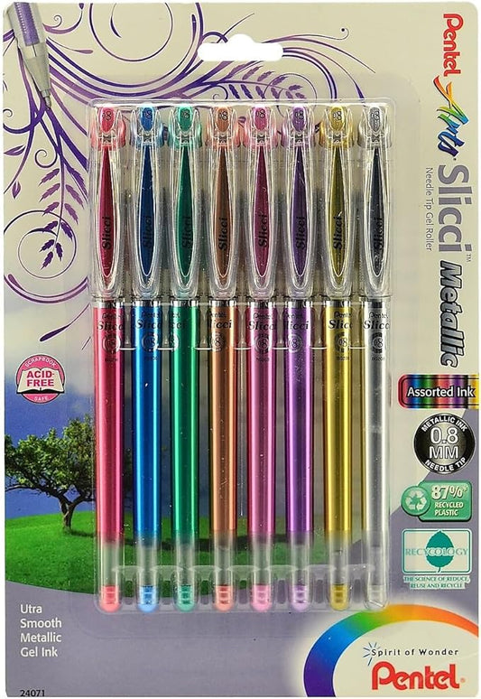 Pentel Arts Slicci Metallic 0.8 mm Needle Tip Gel Pen, Assorted Colors, 8 Pack (BG208BP8M)-DeskLoop Office