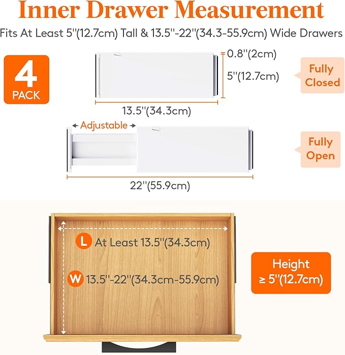 Lifewit 4 Pack Drawer Dividers Plastic 5" High, 13.5-22" Adjustable Drawer Organizers for Clothes, Expandable Dresser Separators in Bedroom/Bathroom/Kitchen/Fridge/Office Organization and Storage-DeskLoop Office