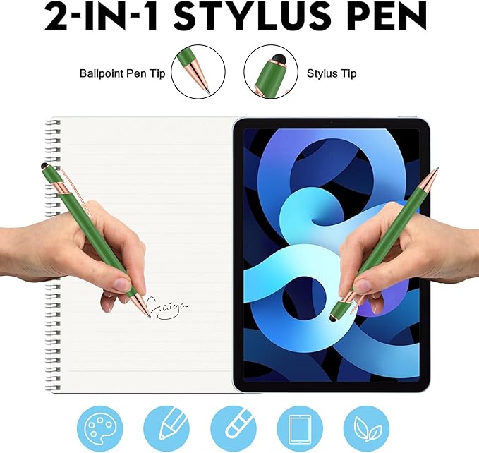 12 PCS 2 in 1 Stylus Ballpoint Pen with Stylus Tip, 1.0 mm Black Ink Metal Pen Stylus Pen for Touch Screens (Light Green)-DeskLoop Office