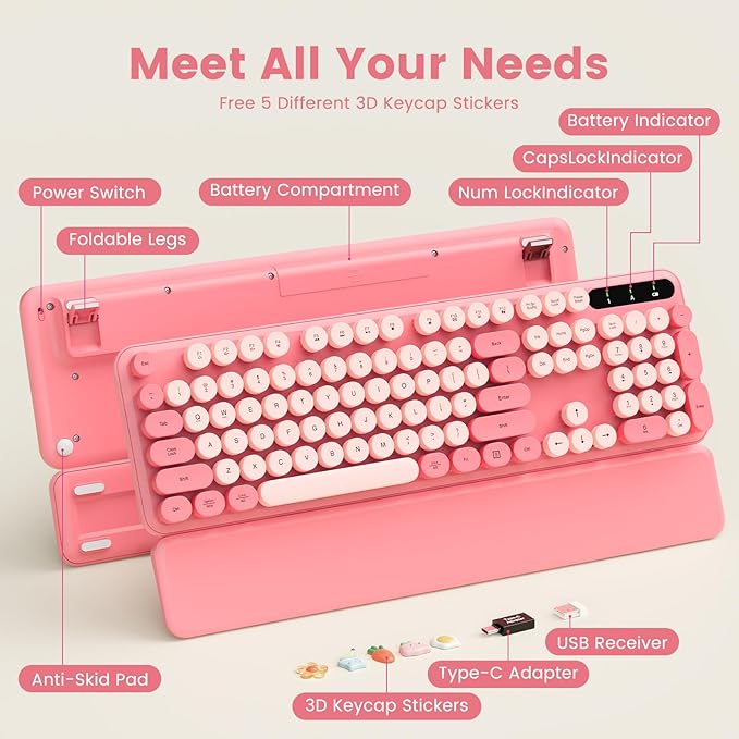 Wireless Keyboard, Round Keycaps, Retro Typewriter Keyboard with Detachable Wrist Rest, Sleep Mode, Foldable Legs, 2.4GHz Full-size Cordless Computer Keyboard for Windows/PC/Laptop (Baby Pink)-DeskLoop Office