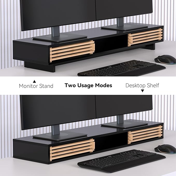 Dual Monitor Stand Riser with Sliding Door, Double Computer Laptop Stand Desk Shelf Organizer with Storage (Black + Natural Bamboo, 38 Inch)-DeskLoop Office