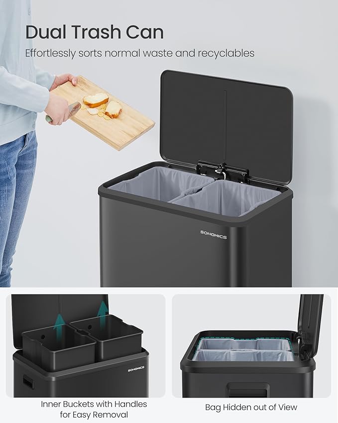 SONGMICS Trash Can, 2 x 8 Gallon (2 x 30 L) Double Garabge Can for Recycling and Waste, Stainless Steel, Soft-Close Lid, Inner Buckets, Wide Sturdy Pedal, Ink Black ULTB556B01-DeskLoop Office
